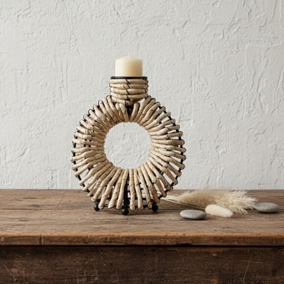 Vintage Wrought Iron Rattan Wrapped Donut Vase Boho Southwestern Candle Holder - Picture 2 of 12